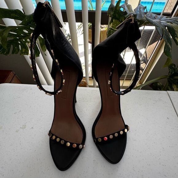 BCBG Max Azria ankle wrap stilettos, open toe Black Studded Heels EUC SZ 8.5 - Picture 2 of 8